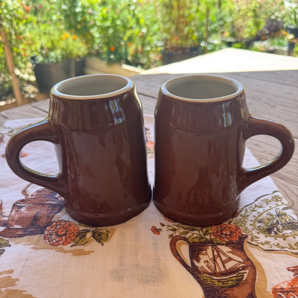 Vintage Hall China 588 Brown Beer Mugs Set of 2 White Interior USA Steins
